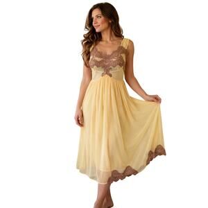 Vintage Kayser Kayonara Nylon Tricot Nightgown Yellow Brown Lace Size 34 USA NWT
